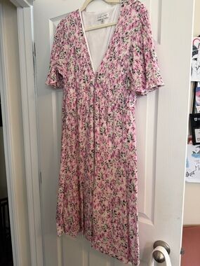 She + Sky Pink Floral V-Neck Midi Dress with Green Accents